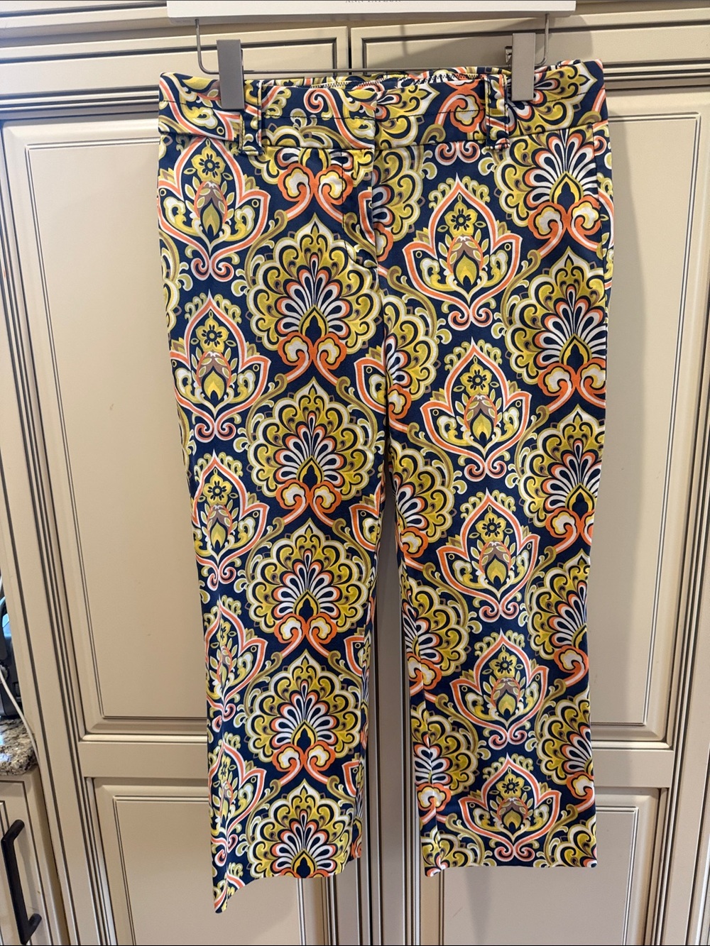 J Crew stretch City Fit Patterned Crop Pants in Navy, Yellow & Coral